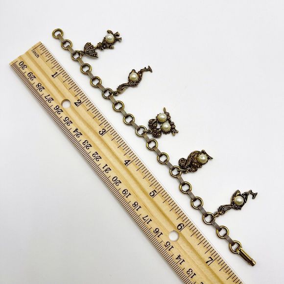 Vintage Charm Bracelet Bird Squirrel Faux Pearl Textured Engraved Gold Tone 7.5" - Picture 10 of 10